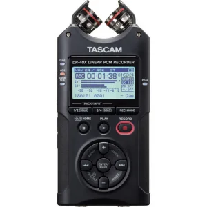 Tascam DR-40X Handheld 4-track recorder, dual recording (2x stereo),XLR ins with phantom power, overdub, mixdown, AB/XY mic configurations, MS decoder