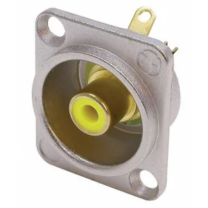 Neutrik NF2D-4 Phono socket in nickel D-shape housing, yellow isolation washers, solder version.