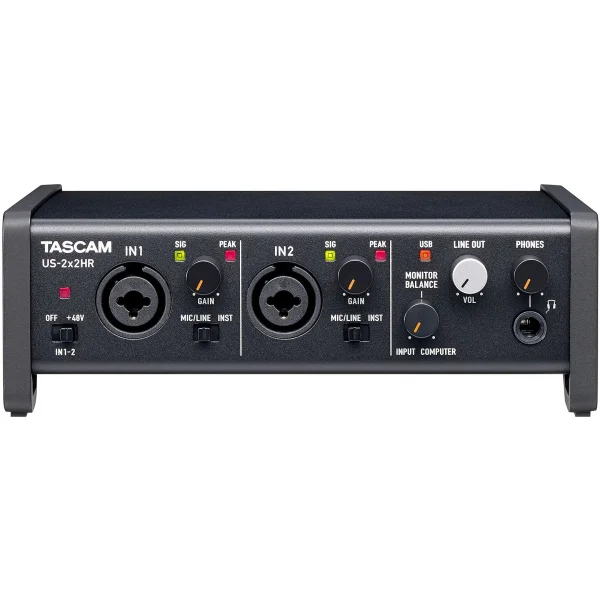 Tascam US-2X2HR USB-C Audio Interface, 2 ins (XLR/TRS)/2 outs (TRS)+MIDI I/O for Win/Mac computers, Ultra-HDDA mic pres, 192k, phantom power, iOS support, powered by USB bus, Cubase LE + Sample Tank