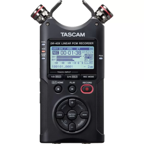 Tascam DR-40X Handheld 4-track recorder, dual recording (2x stereo),XLR ins with phantom power, overdub, mixdown, AB/XY mic configurations, MS decoder