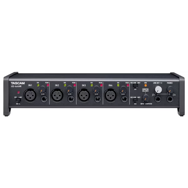 Tascam US-4x4HR USB-C Audio Interface, 4 ins (XLR/TRS)/4 outs (TRS)+MIDI I/O for Win/Mac computers, Ultra-HDDA mic pres, 192kHz, phantom power, iOS support, incl. power supply, Cubase LE + Sample Tan