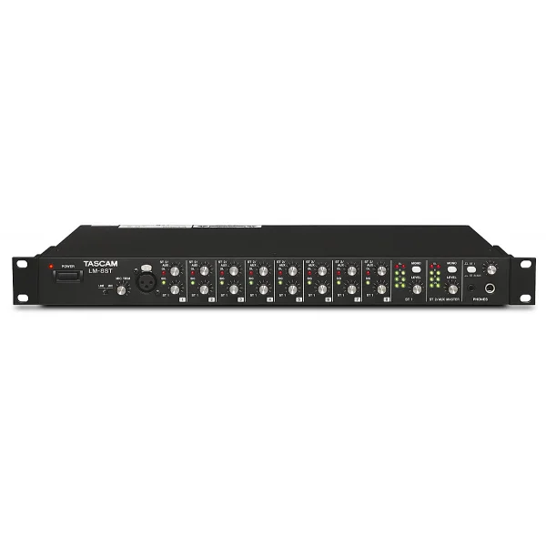 Tascam LM-8ST Line mixer, 8 stereo ins+mic/line in on front panel, 2 bal/unbal stereo outputs, 2 independent stereo busses, cascade I/O,