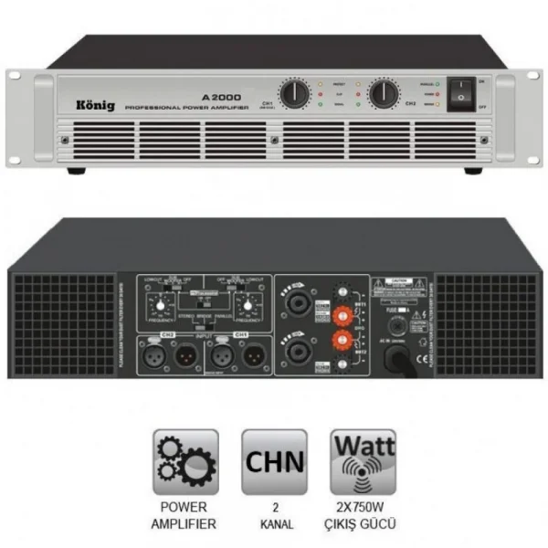 König A-2000 2x850W/4-ohm Power Amplifier with crossover