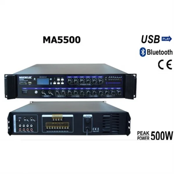 Mickle MA5500 500W/100V 6-zone Volum Ayarlı Mixer-Amplifier, Mp3 Player, USB/SD Bluetooth, FM Radyo