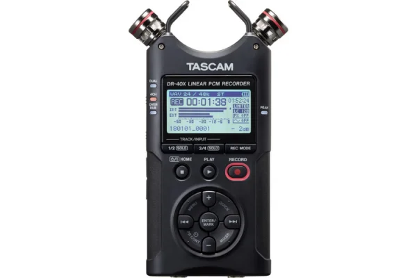 Tascam DR-40X Handheld 4-track recorder, dual recording (2x stereo),XLR ins with phantom power, overdub, mixdown, AB/XY mic configurations, MS decoder