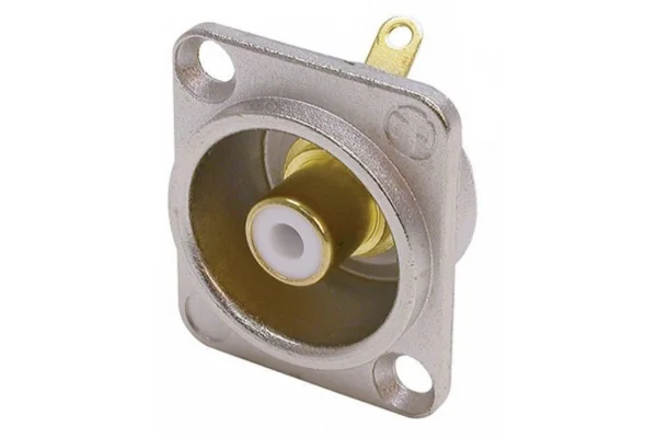Neutrik NF2D-9 Phono socket in nickel D-shape housing, white isolation washers, solder version.