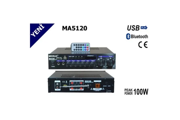 Mickle MA5120 Mini Amfi 2x50W/4-ohm, 12V/230V, Bluetooth, FM Radyo, USB/SD MP3 Player,