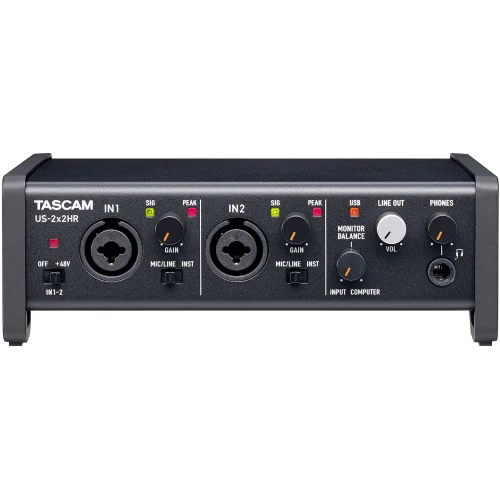 Tascam US-2X2HR USB-C Audio Interface, 2 ins (XLR/TRS)/2 outs (TRS)+MIDI I/O for Win/Mac computers, Ultra-HDDA mic pres, 192k, phantom power, iOS support, powered by USB bus, Cubase LE + Sample Tank