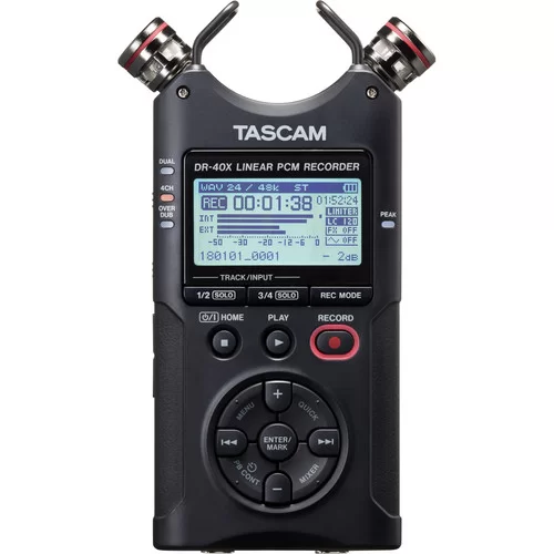 Tascam DR-40X Handheld 4-track recorder, dual recording (2x stereo),XLR ins with phantom power, overdub, mixdown, AB/XY mic configurations, MS decoder