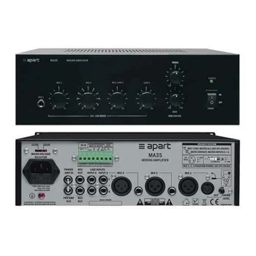 Apart MA35  Mixing Amplifier, 35W/100V, 3Mic+ 2St Line , Chime ,12V Dc/230V Main Power