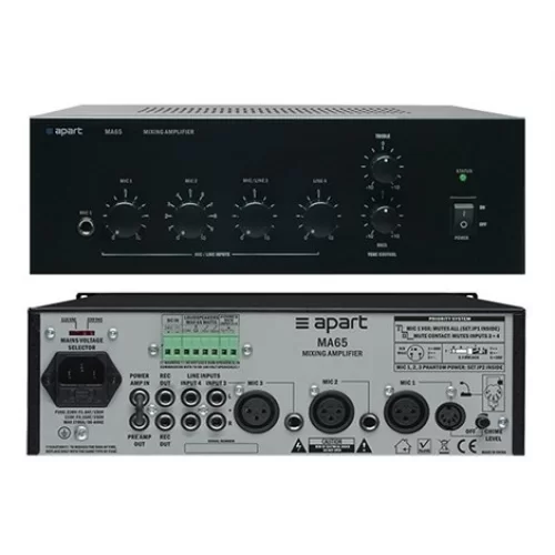 Apart MA65 Mixing Amplifier, 65W/100V, 3Mic+ 2St Line , Chime ,12V Dc/230V Main Power