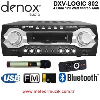 Denox DXV-LOGIC 802 MIC 120W/4 ohm Stereo Amfi, 1 kablosuz El mikrofonu ile Bluetooth, USB/SD/MP3