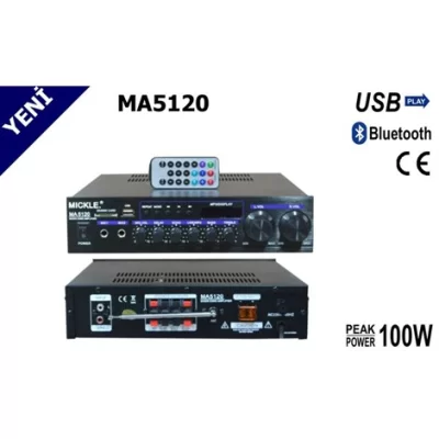 Mickle MA5120 Mini Amfi 2x100 Watt/4 Ohm, 12V/230V, Bluetooth, FM Radyo, USB/SD MP3 Player,