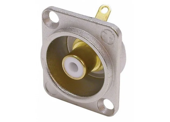 Neutrik NF2D-9 Phono socket in nickel D-shape housing, white isolation washers, solder version.