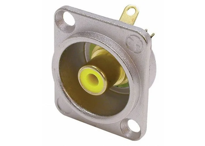 Neutrik NF2D-4 Phono socket in nickel D-shape housing, yellow isolation washers, solder version.