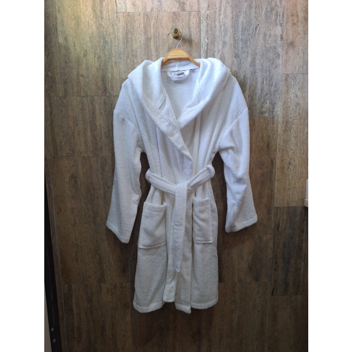 Kapüşonlu Çocuk Bornozu 10-12 Yaş, Beyaz, %100 Pamuk , Emiciliği yüksek