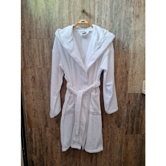 Kapüşonlu Çocuk Bornozu 14-16 Yaş, Beyaz, %100 Pamuk , Emiciliği yüksek