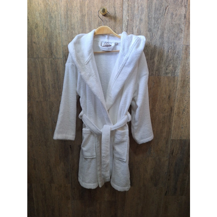 Kapüşonlu Çocuk Bornozu 6-8 Yaş, Beyaz, %100 Pamuk , Emiciliği yüksek