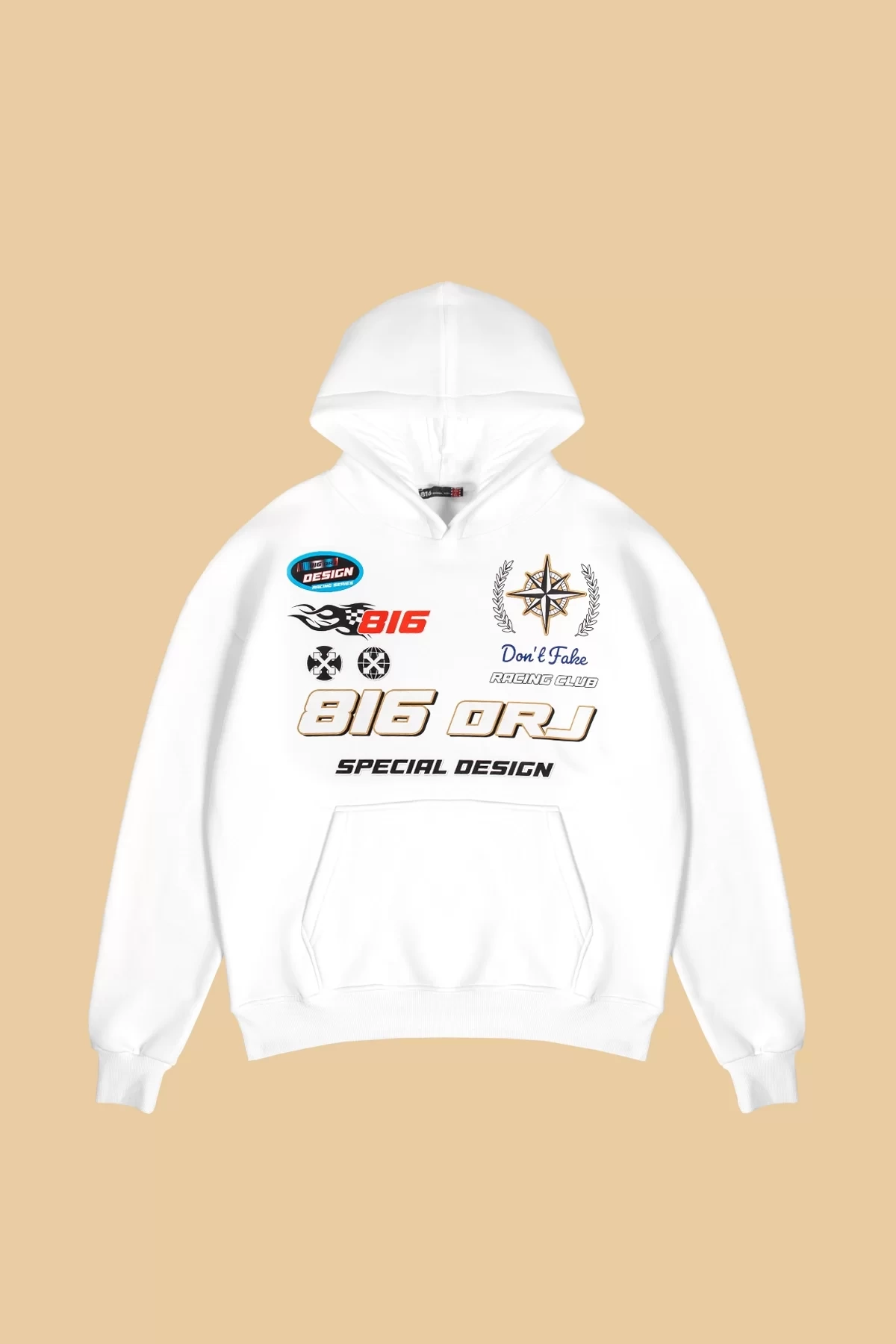 816 Racing Baskılı Oversize Unisex Beyaz Hoodie