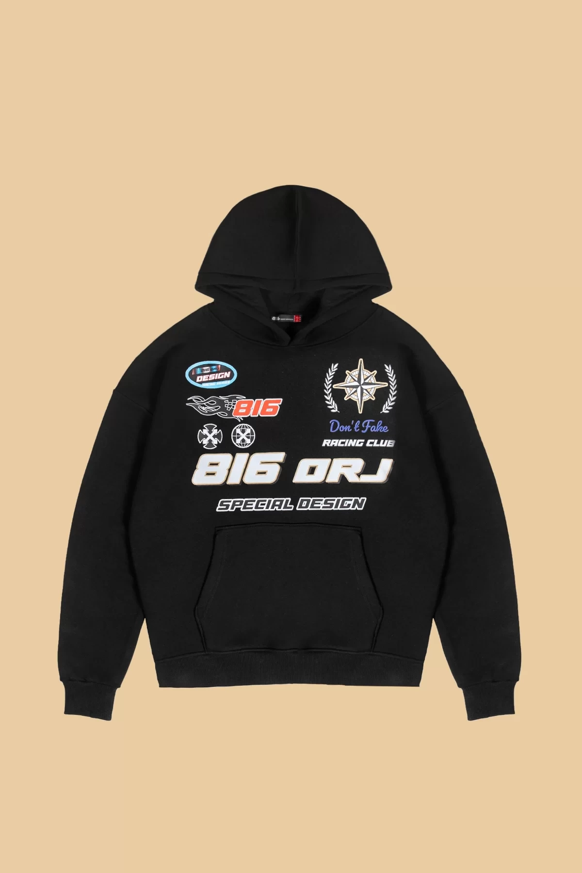 816 Racing Baskılı Oversize Unisex Siyah Hoodie