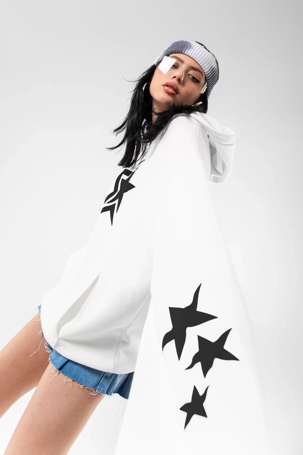 816 Stars Baskılı Oversize Unisex Beyaz Hoodie