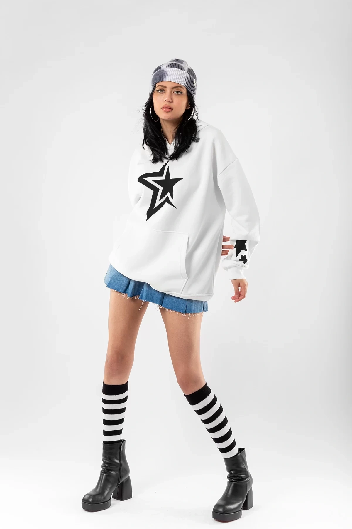 816 Stars Baskılı Oversize Unisex Beyaz Hoodie