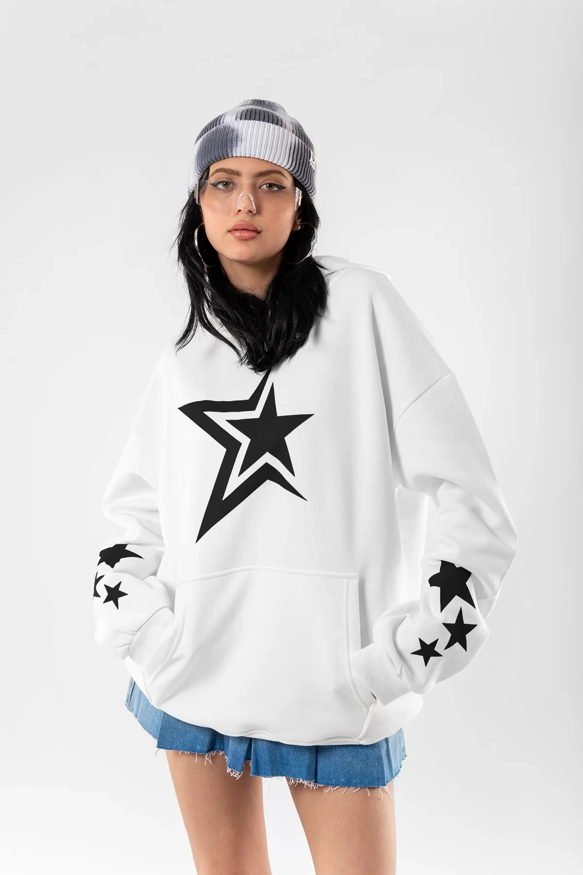 816 Stars Baskılı Oversize Unisex Beyaz Hoodie