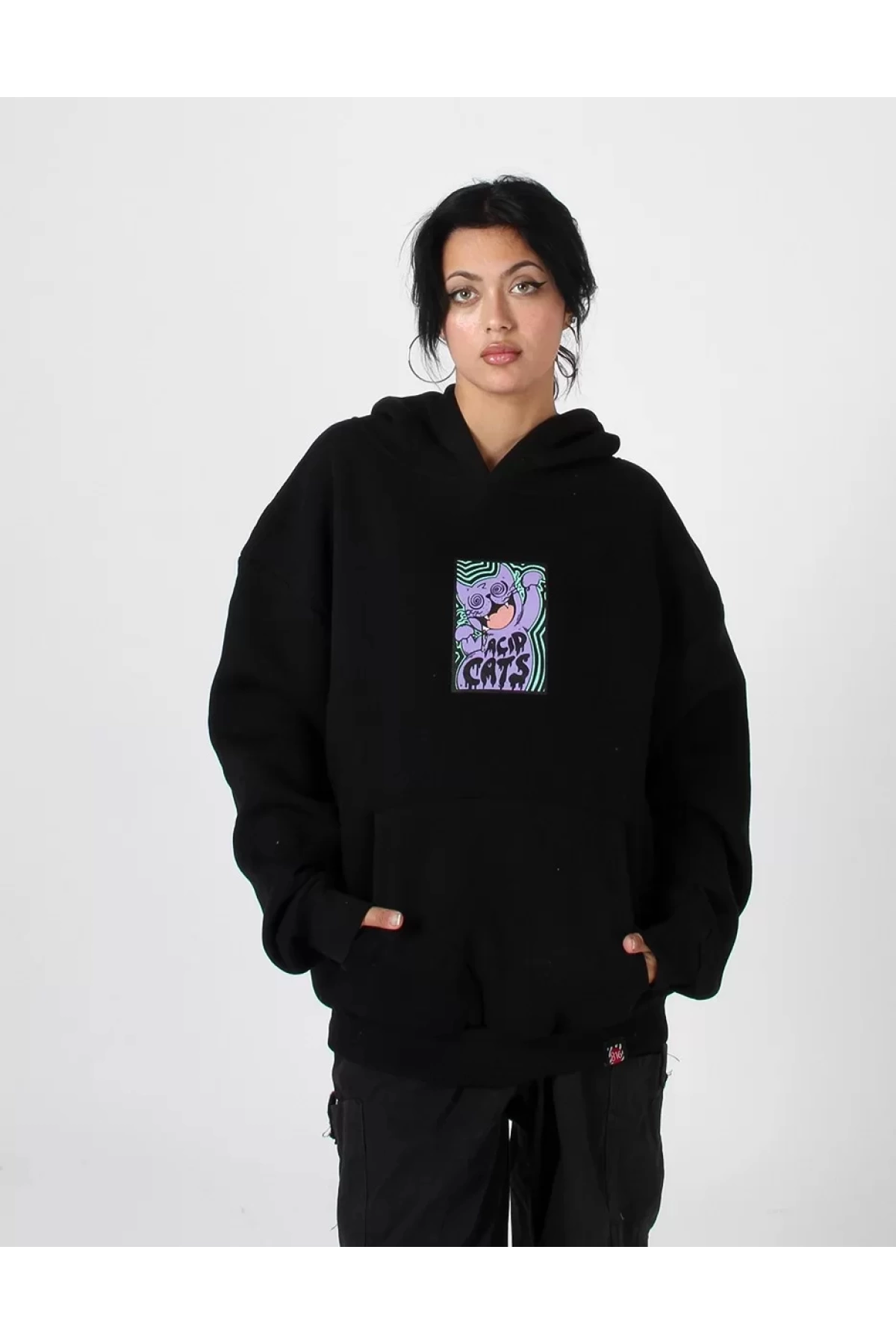 Acid Cat Sırt Baskılı Siyah Oversize Unisex Kapüşonlu Sweatshirt