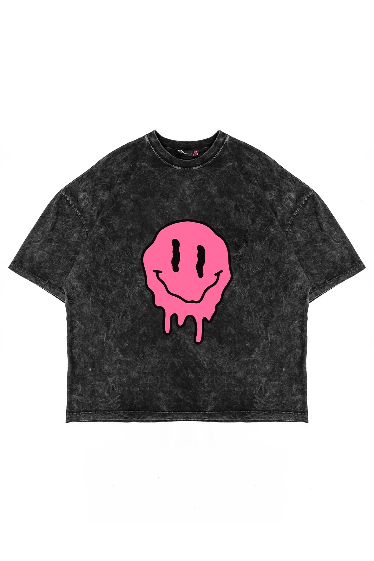 Acid Smile Baskılı Baskılı Premium Oversize Unisex Yıkamalı Siyah Tshirt