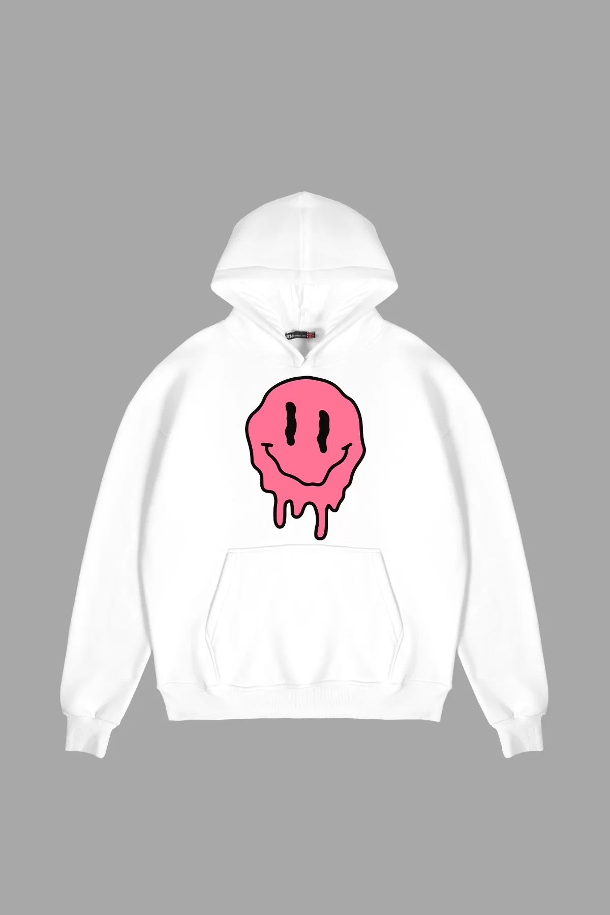 Acid Smile Baskılı Oversize Unisex Beyaz Hoodie