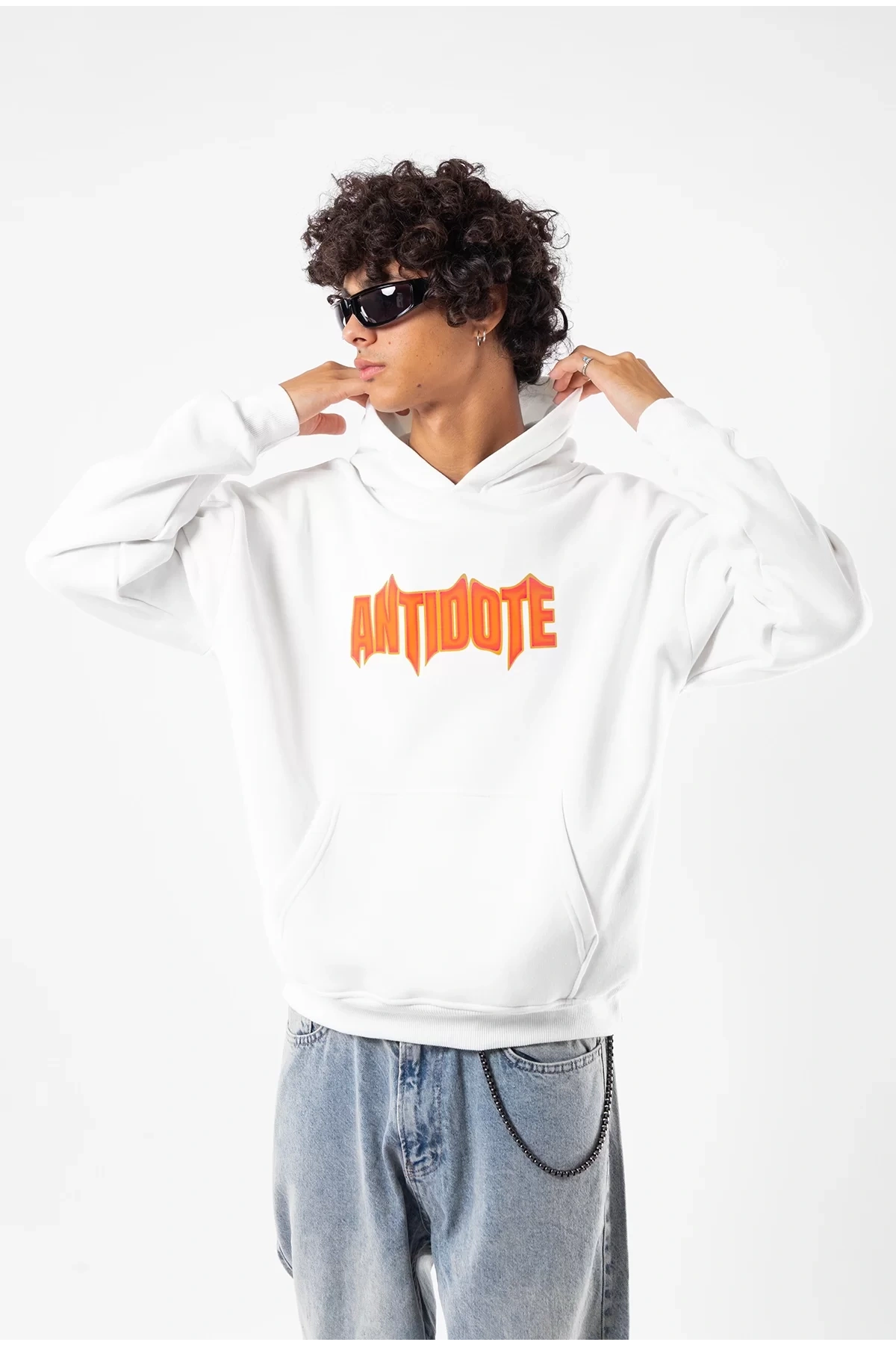 Antidote Baskılı Oversize Unisex Beyaz Hoodie
