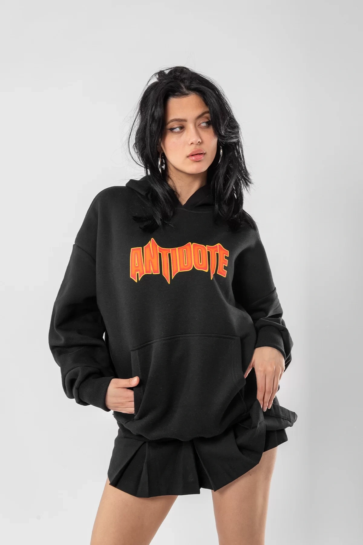 Antidote Baskılı Oversize Unisex Siyah Hoodie