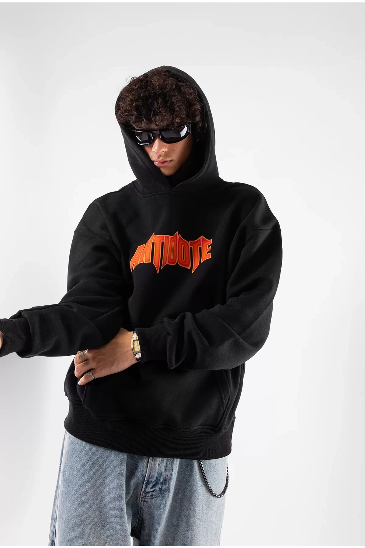 Antidote Baskılı Oversize Unisex Siyah Hoodie