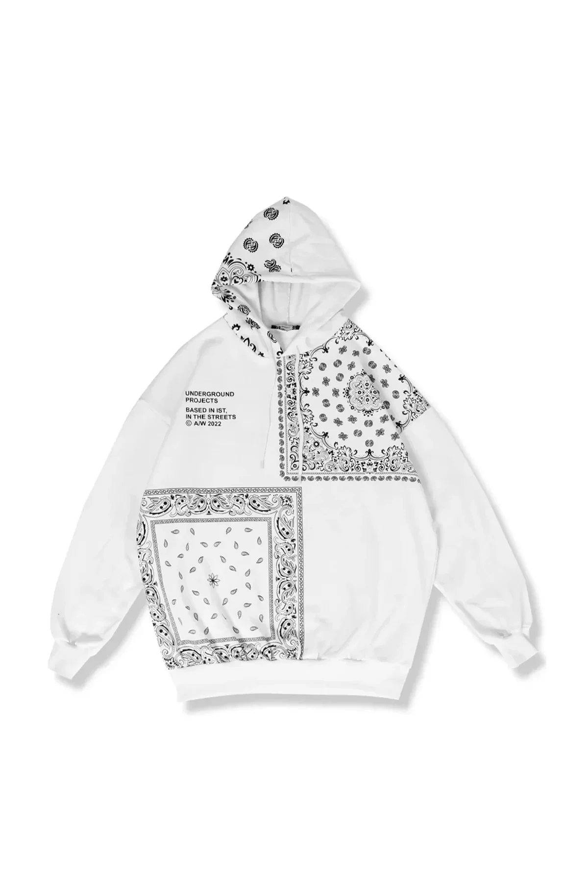 Bandana Baskılı Beyaz Rahat Kalıp Hoodie