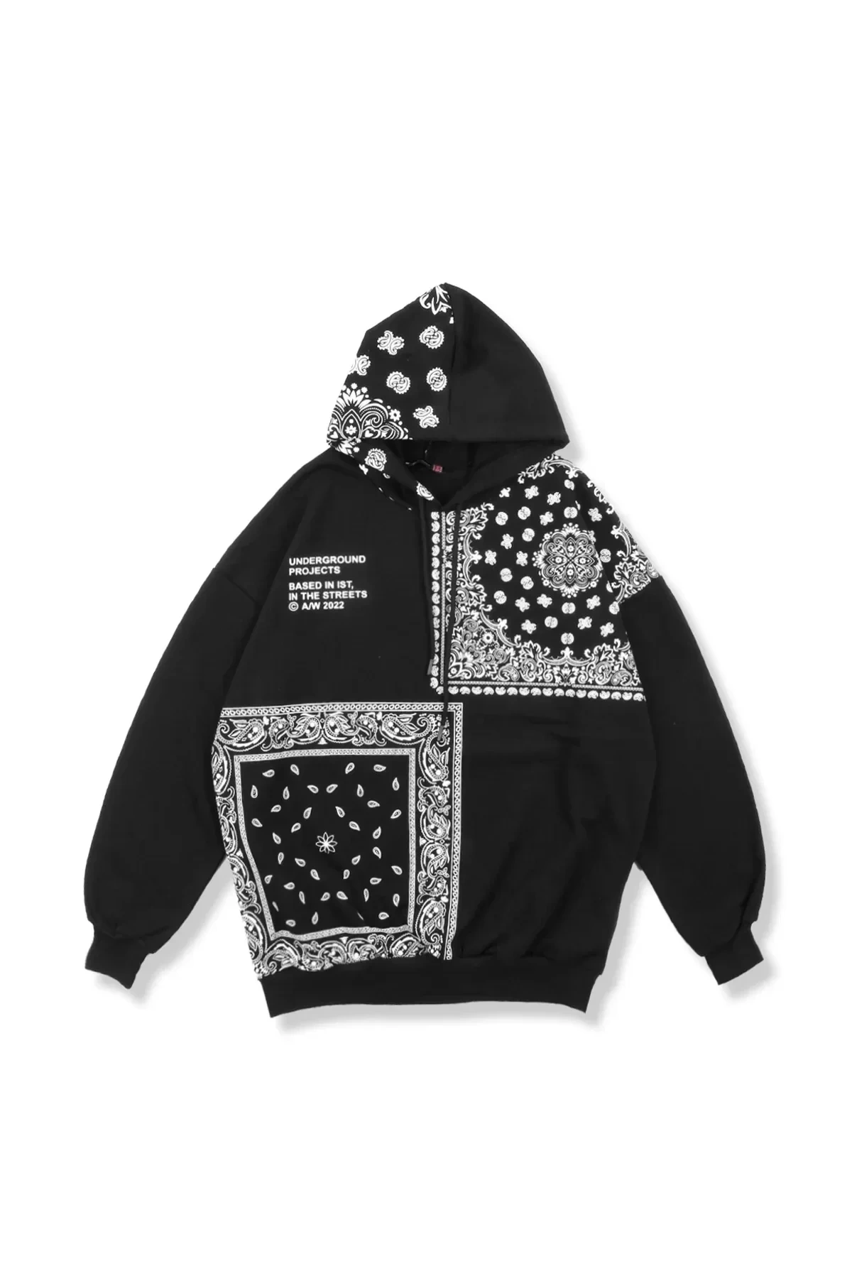 Bandana Baskılı Siyah Rahat Kalıp Hoodie