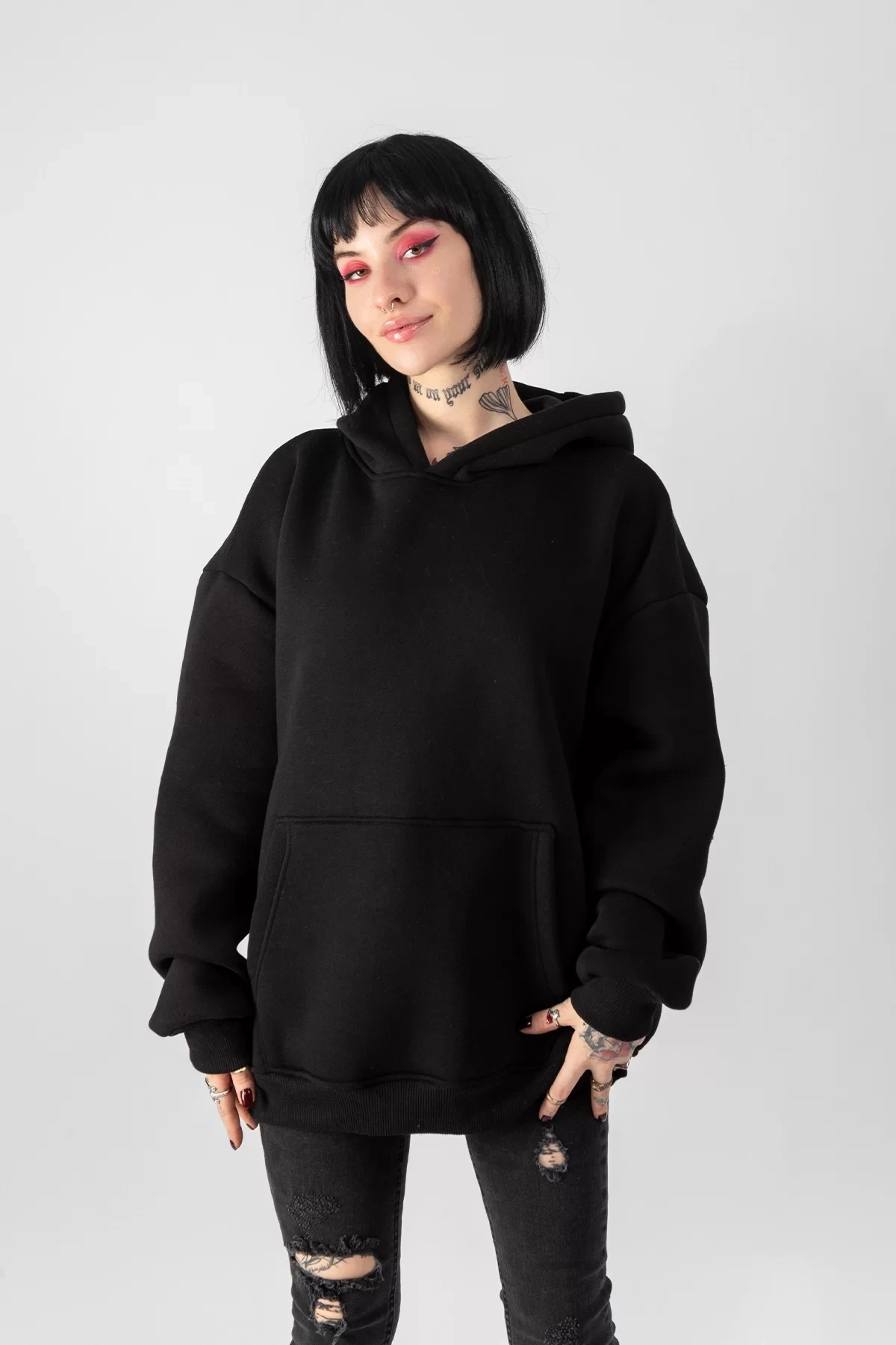 Basic Oversize Unisex Siyah Hoodie