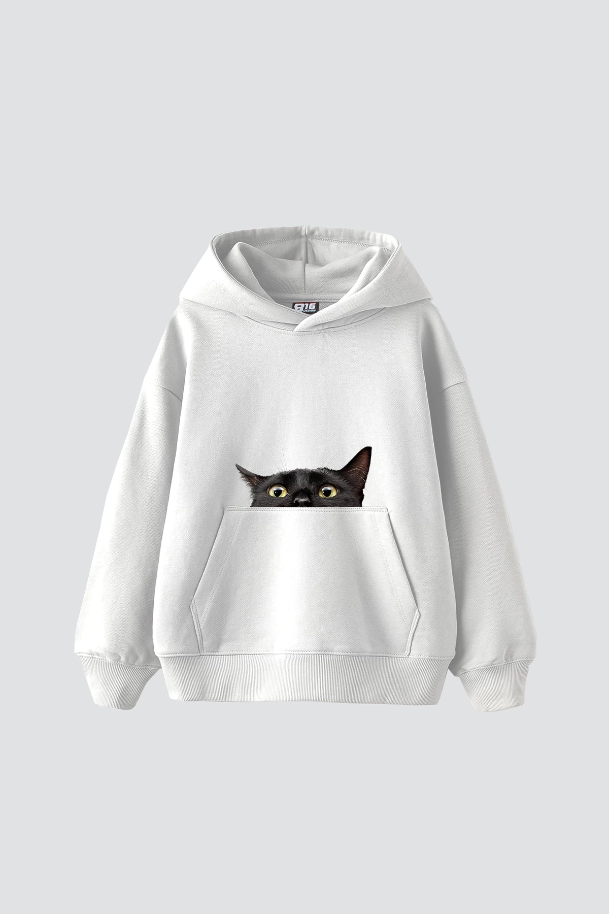 Black Cat Baskılı Baskılı Baskılı Oversize Unisex Premium Beyaz Hoodie