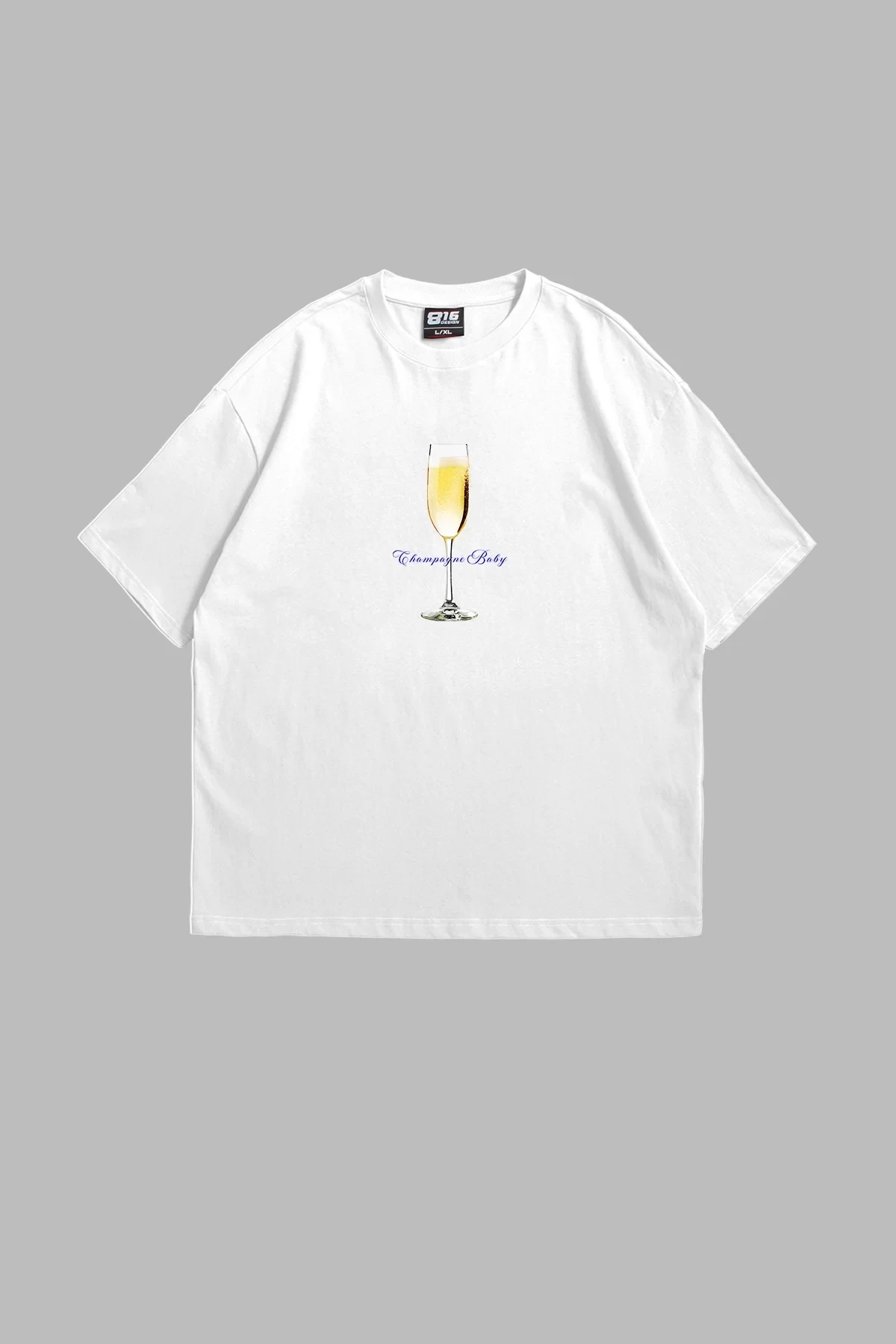 Champagne Baskılı Baskılı Premium Oversize Unisex Beyaz Tshirt