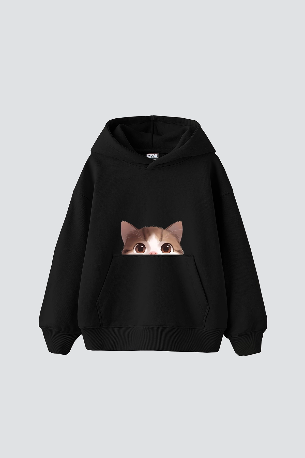 Cute Cat Baskılı Baskılı Baskılı Oversize Unisex Premium Siyah Hoodie