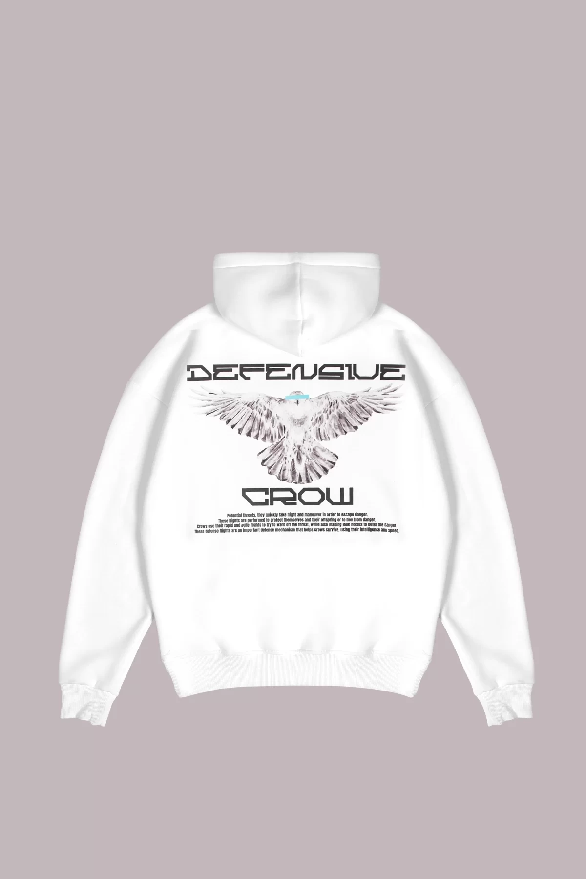 Defensive Crow Baskılı Oversize Unisex Beyaz Hoodie