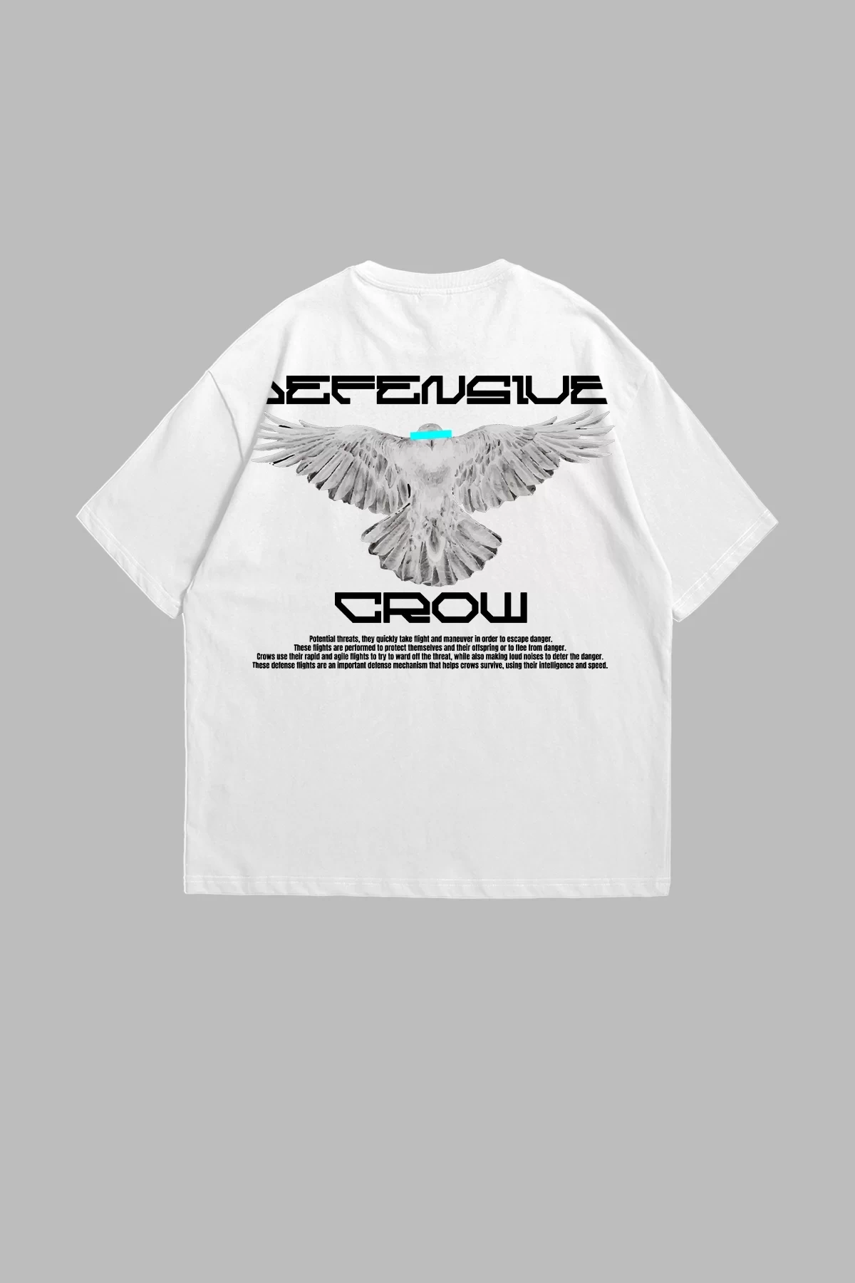 Defensive Crow Baskılı Premium Oversize Unisex Beyaz Tshirt