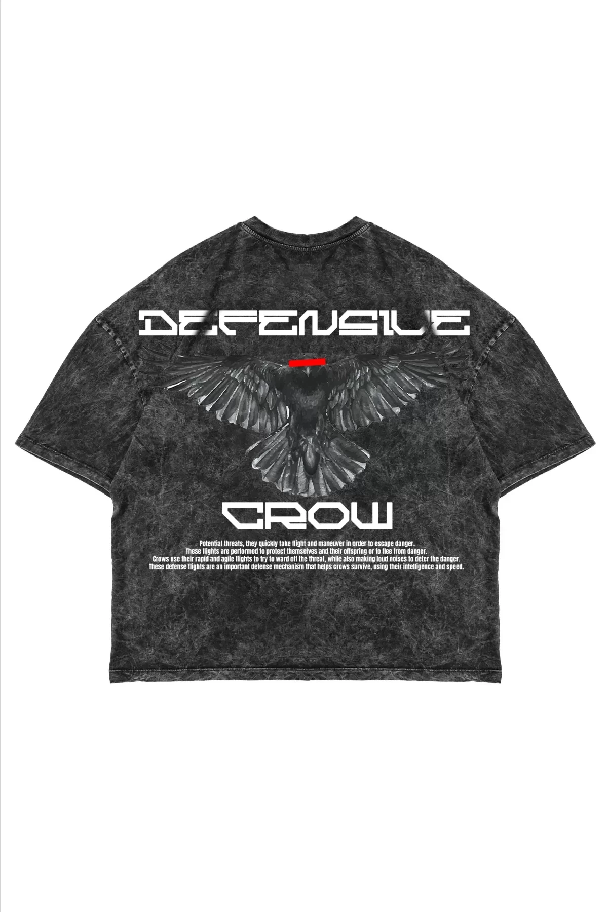 Defensive Crow Baskılı Premium Oversize Unisex Yıkamalı Siyah Tshirt