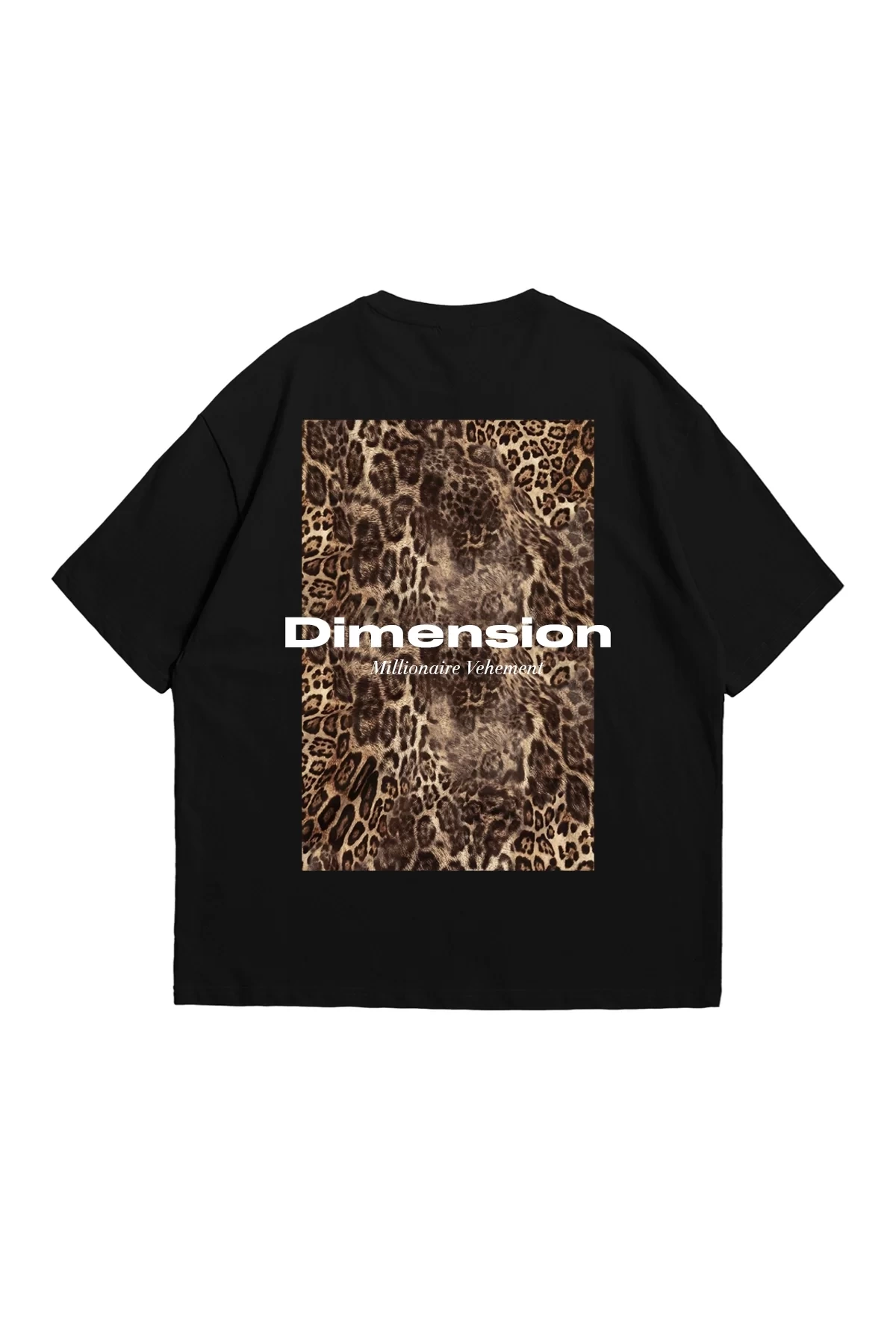 Dimension Baskılı Leopar Desenli 24/1 Oversize Unisex Siyah Tshirt