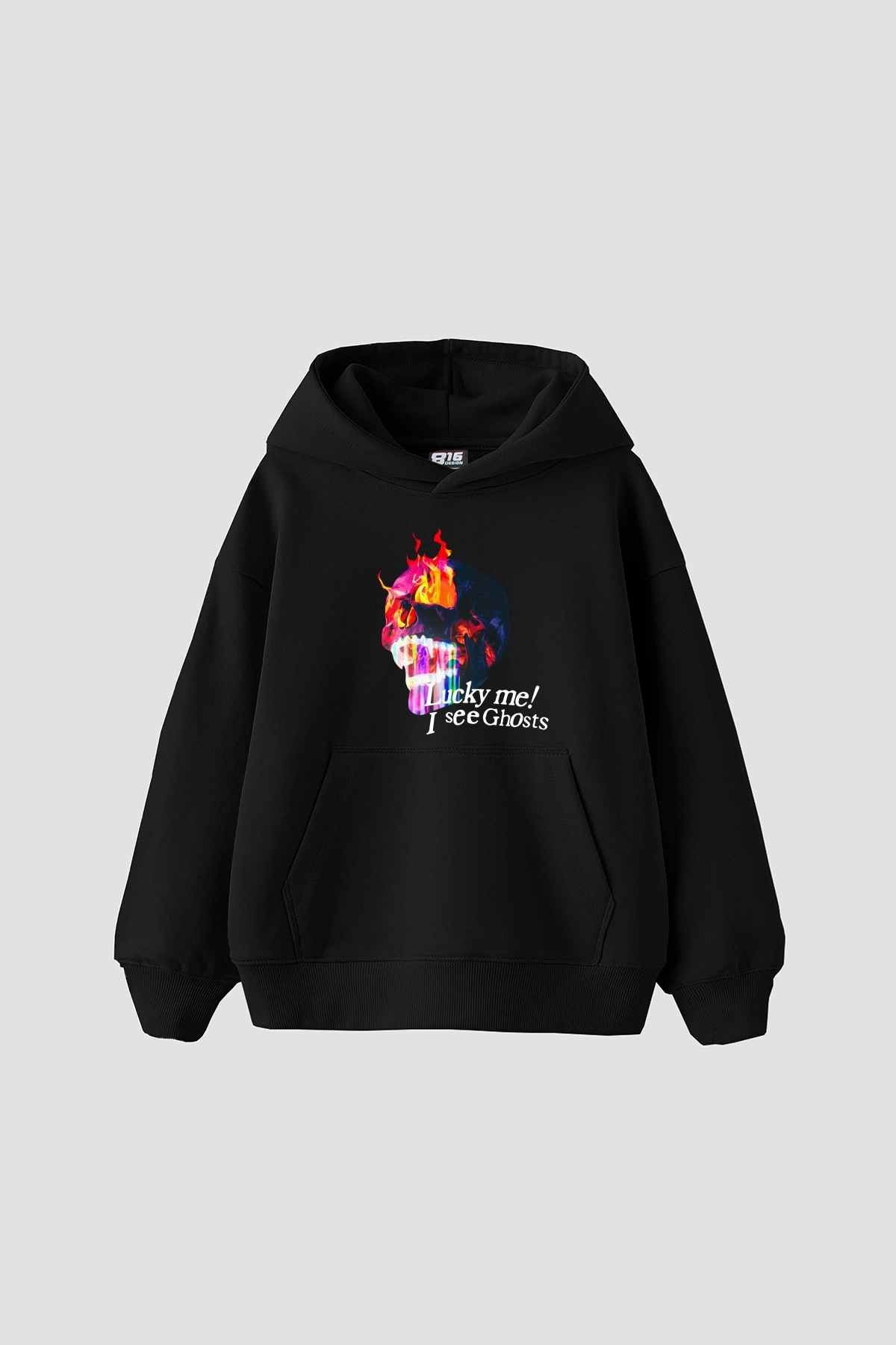 I See Ghost Baskılı Baskılı Baskılı Oversize Unisex Premium Siyah Hoodie