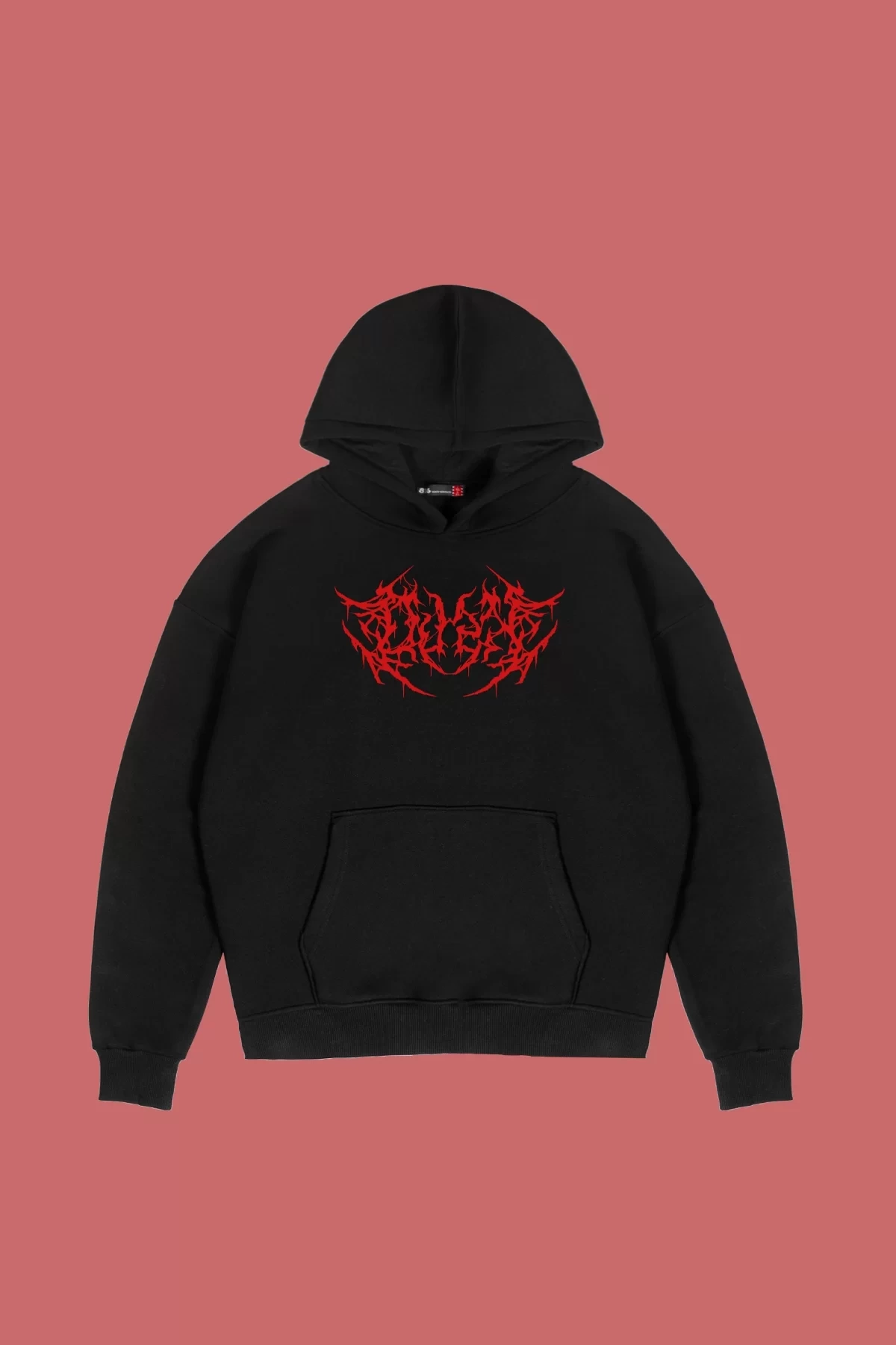 Kırmızı Dusk Baskılı Oversize Unisex Siyah Hoodie