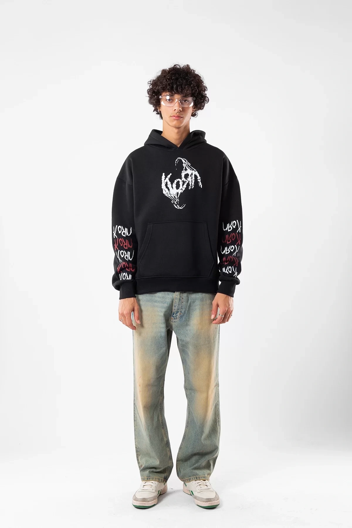 Korn Baskılı Oversize Unisex Siyah Hoodie
