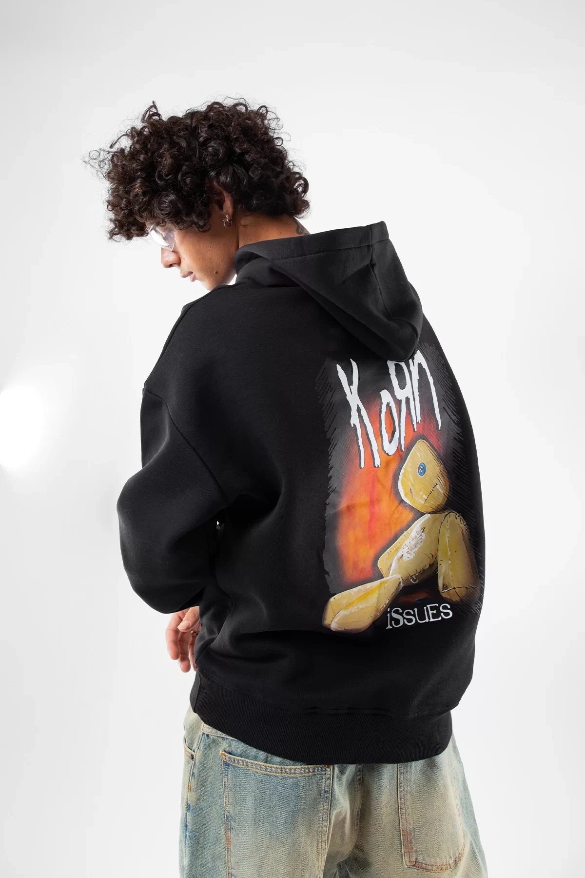 Korn Baskılı Oversize Unisex Siyah Hoodie