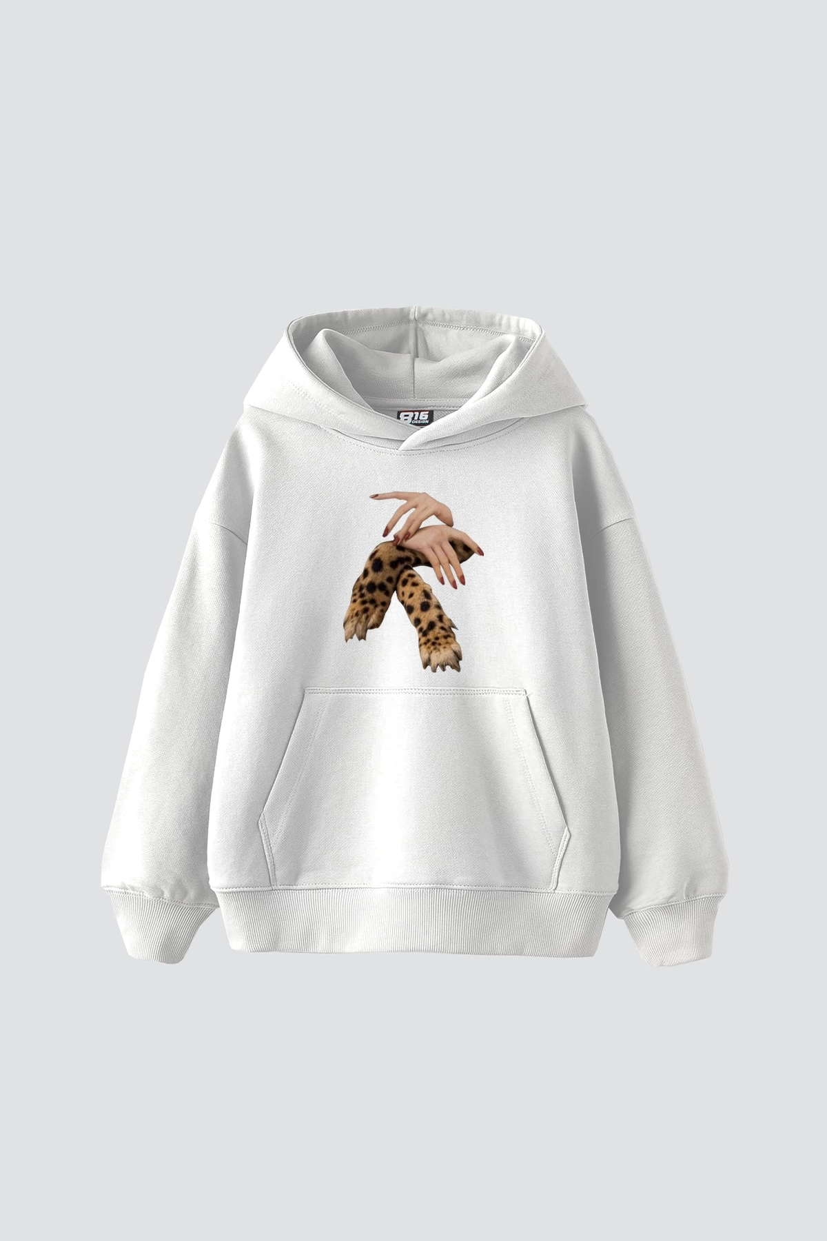 Leopar Hand Baskılı Oversize Unisex Premium Beyaz Hoodie