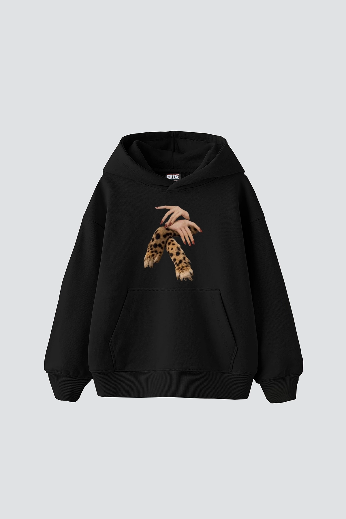 Leopar Hand Baskılı Oversize Unisex Premium Siyah Hoodie