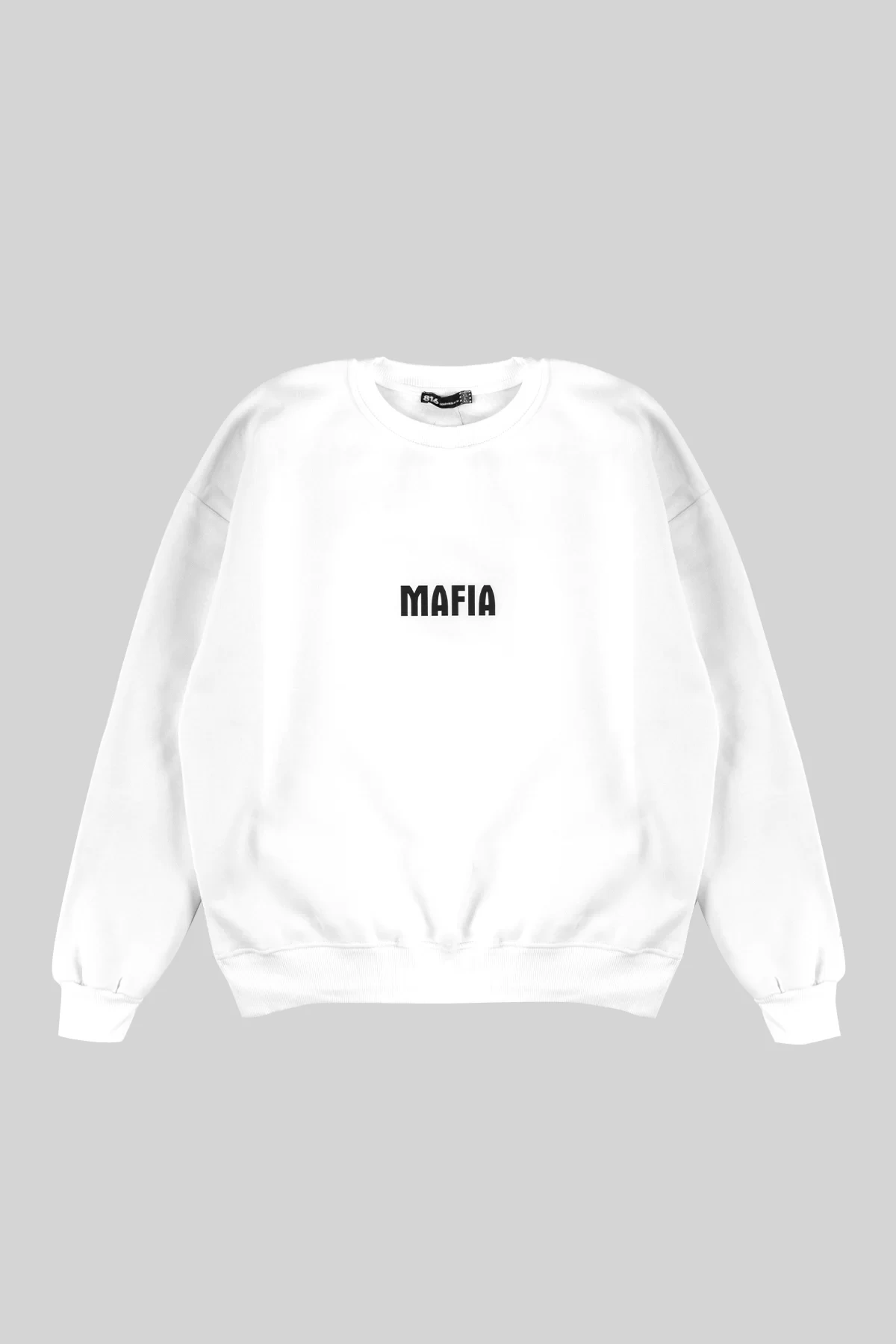 Mafia Sırt Baskılı Kapüşonsuz Oversize Unisex Beyaz Sweatshirt